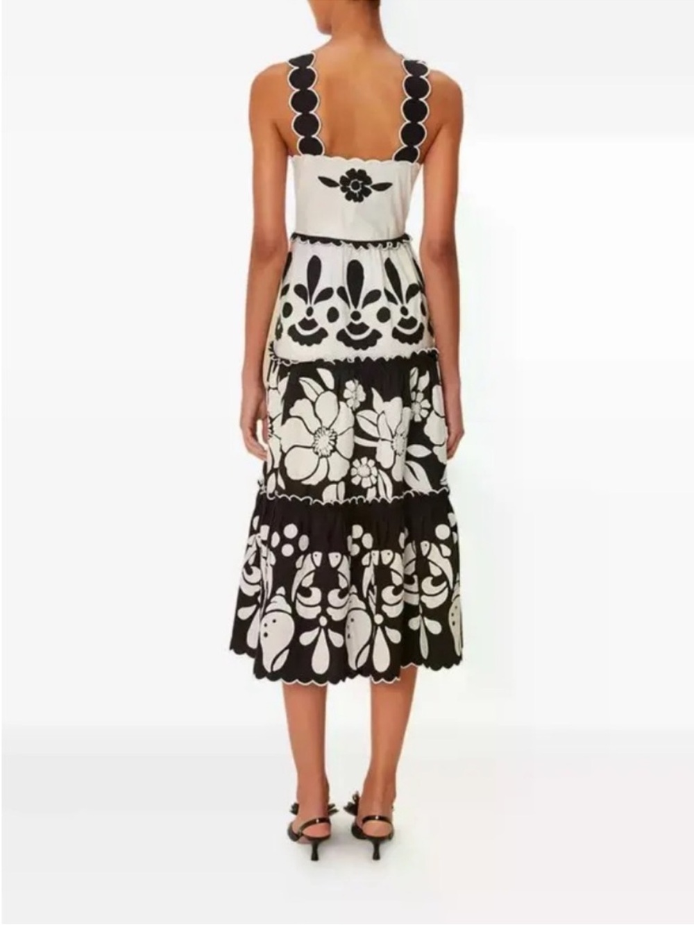 FARM Rio Black and White Floral Cutwork Tiered Midi Dress - Picture 2 of 8